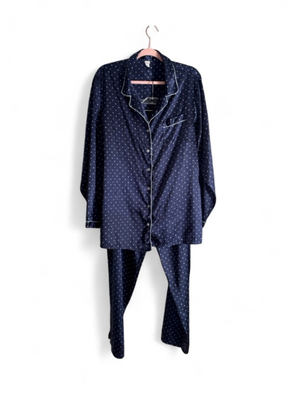 PINK Victoria's Secret Signature Satin Long Pajama Set Navy Polka Dot Size 2XL